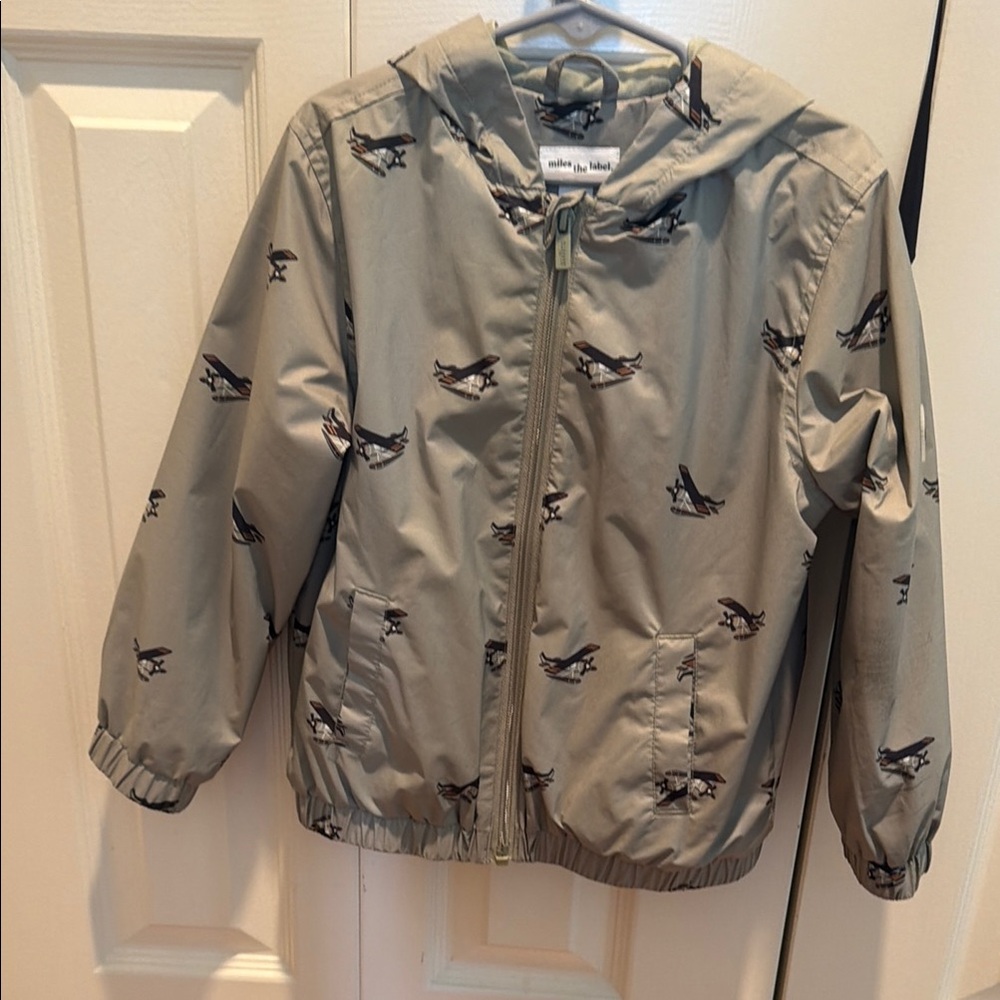 Kids Hooded Airplane-Print Windbreaker Jacket - Light Gray